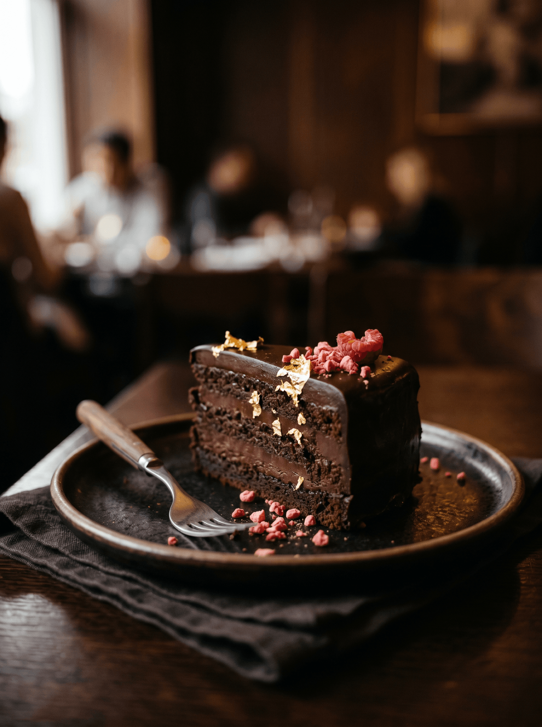 Felie de tort cu ganache de ciocolată și foiță de aur